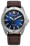 Citizen watch with blue dial and brown leather strap on a white background