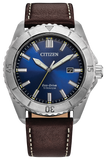 Citizen watch with blue dial and brown leather strap on a white background