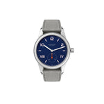 Wristwatch with blue dial and gray strap on a white background