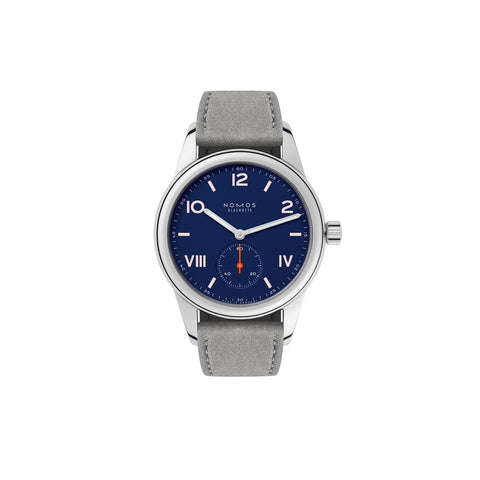 Wristwatch with blue dial and gray strap on a white background