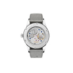 Watch with a gray strap and visible mechanical components on a white background