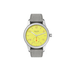 Watch with a yellow face and gray strap on a white background