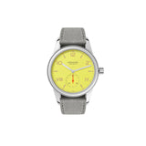 Watch with a yellow face and gray strap on a white background