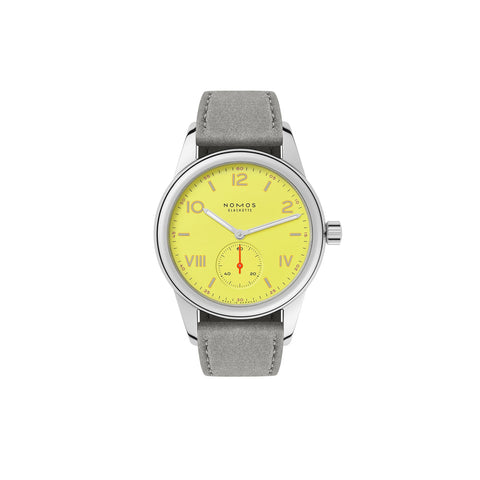 Watch with a yellow face and gray strap on a white background