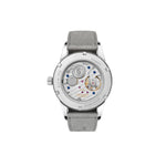 Watch with a gray strap and visible mechanical components on a white background