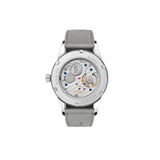 Watch with a gray strap and visible mechanical components on a white background