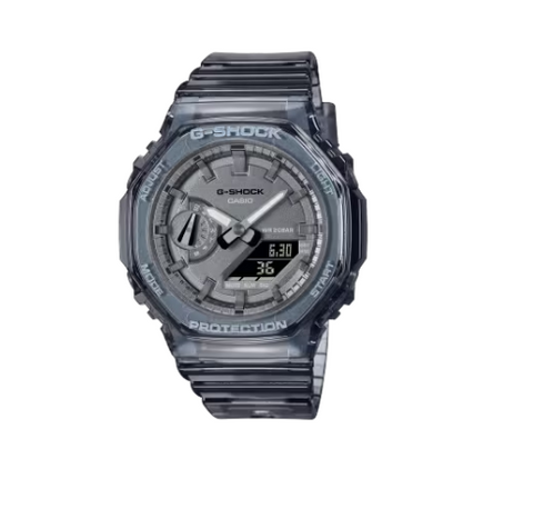 G-Shock watch with a transparent gray case and band on a white background