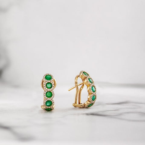 Emerald and Diamond Halo Hoop Earrings