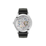 Watch with black strap and visible mechanical components on a white background