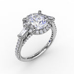 Vintage Style Round Diamond Halo Engagement Ring With Tapered Baguettes