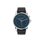 Watch with a blue face and black strap on a white background