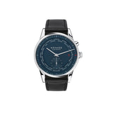 Watch with a blue face and black strap on a white background