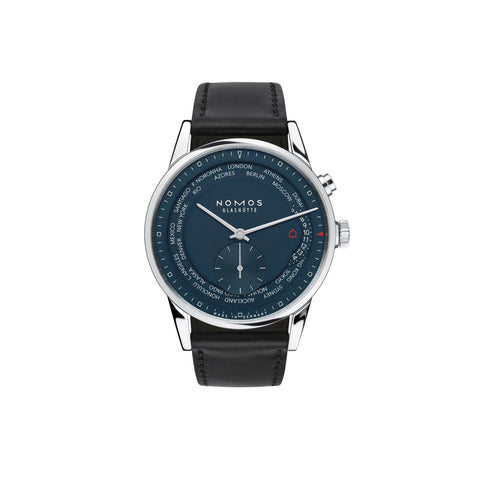 Watch with a blue face and black strap on a white background