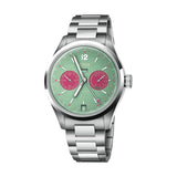 Steel Oris watch with a green face and pink accents on a white background