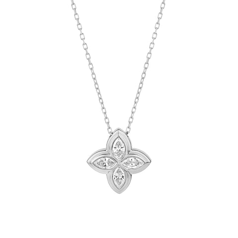 white gold and marquise diamond-flower pendant on a white background