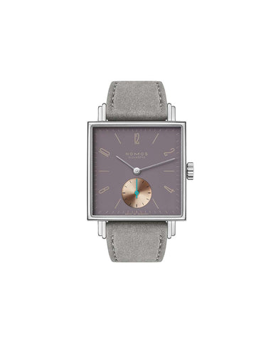 NOMOS watch with purple dial and rose gold small second dial with turquoise second hand