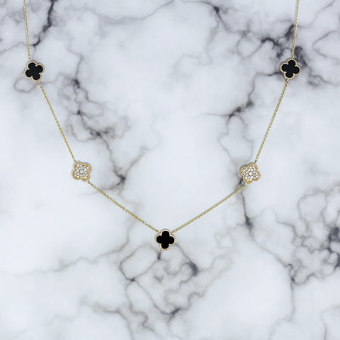 Yellow Gold Onyx and Diamond Clover Reversable Station Necklace