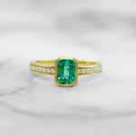 Yellow Gold Matte Finish Emerald and Diamond Ring