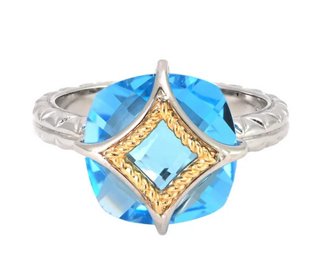 Sterling Silver and 18kt Yellow Gold Ring with Cushion Cut Blue Topaz