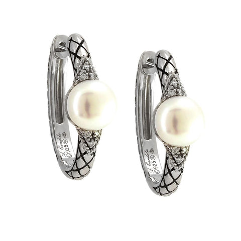 Sterling Silver Pearl and Diamond Hoop Earrings