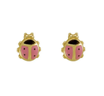 Yellow Gold Pink Enamel Ladybug Earrings