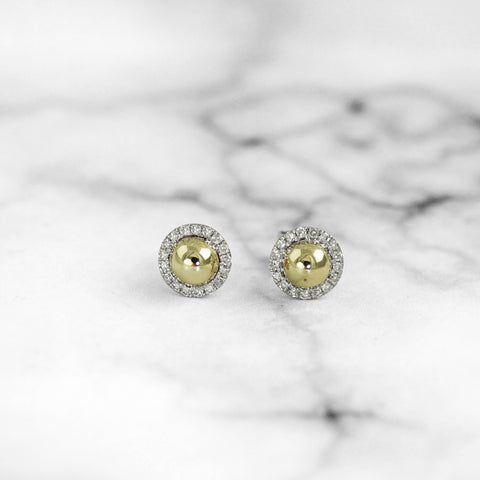 Yellow Gold Ball Earrings with Diamond Halo - Scherer's Jewelers